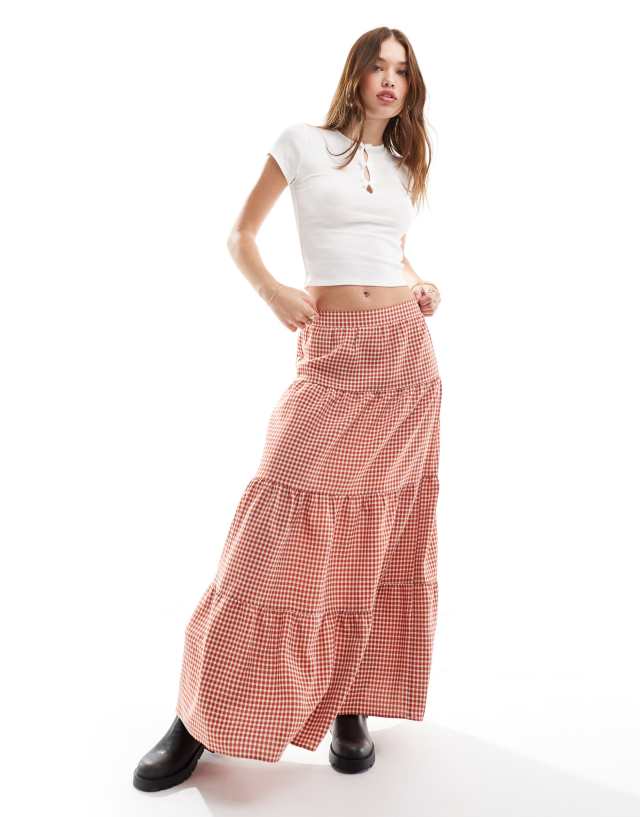 Miss Selfridge - tiered maxi gingham skirt in rust