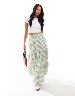 Miss Selfridge Tiered Maxi Gingham Skirt In Sage-green