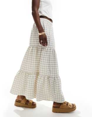 tiered maxi gingham skirt in stone-Neutral