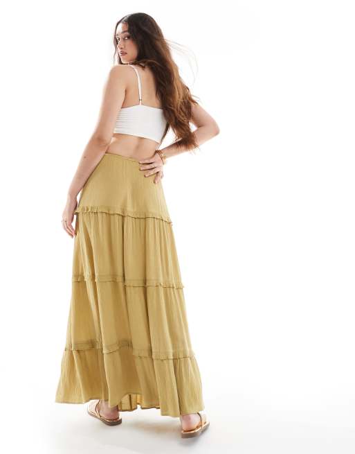 Miss Selfridge tiered maxi skirt in light khaki green, 4 of 5