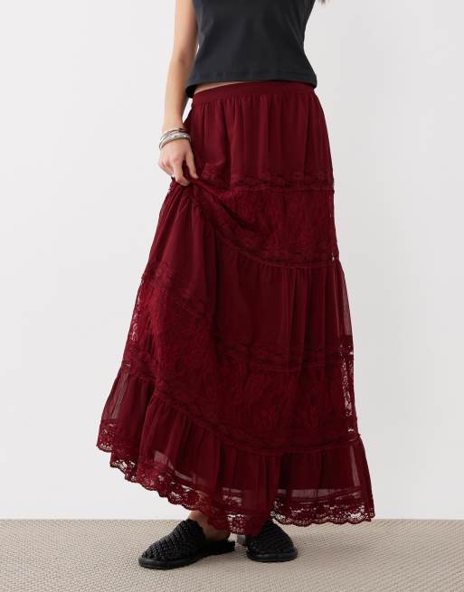 Miss Selfridge tiered maxi skirt with lace detail, 2 of 5