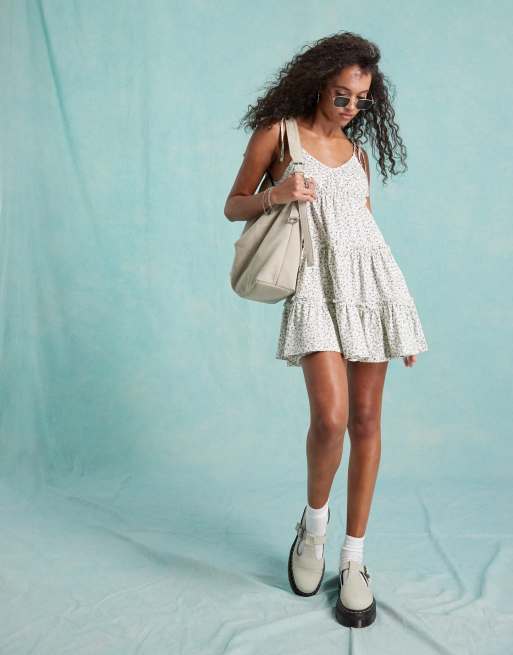 Miss Selfridge tiered mini dress with tie cami straps in white ditsy print, 3 of 4