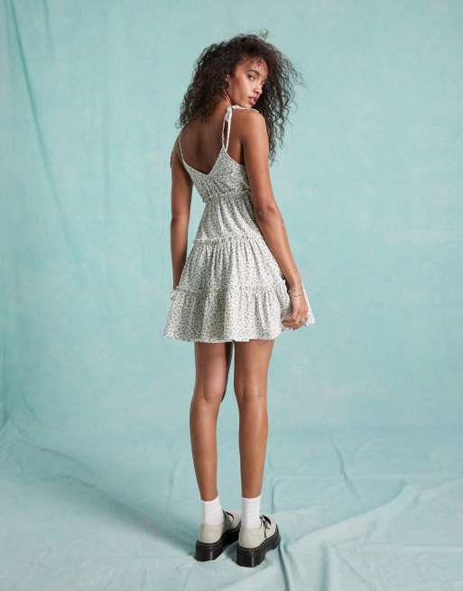 Miss Selfridge tiered mini dress with tie cami straps in white ditsy print, 4 of 4