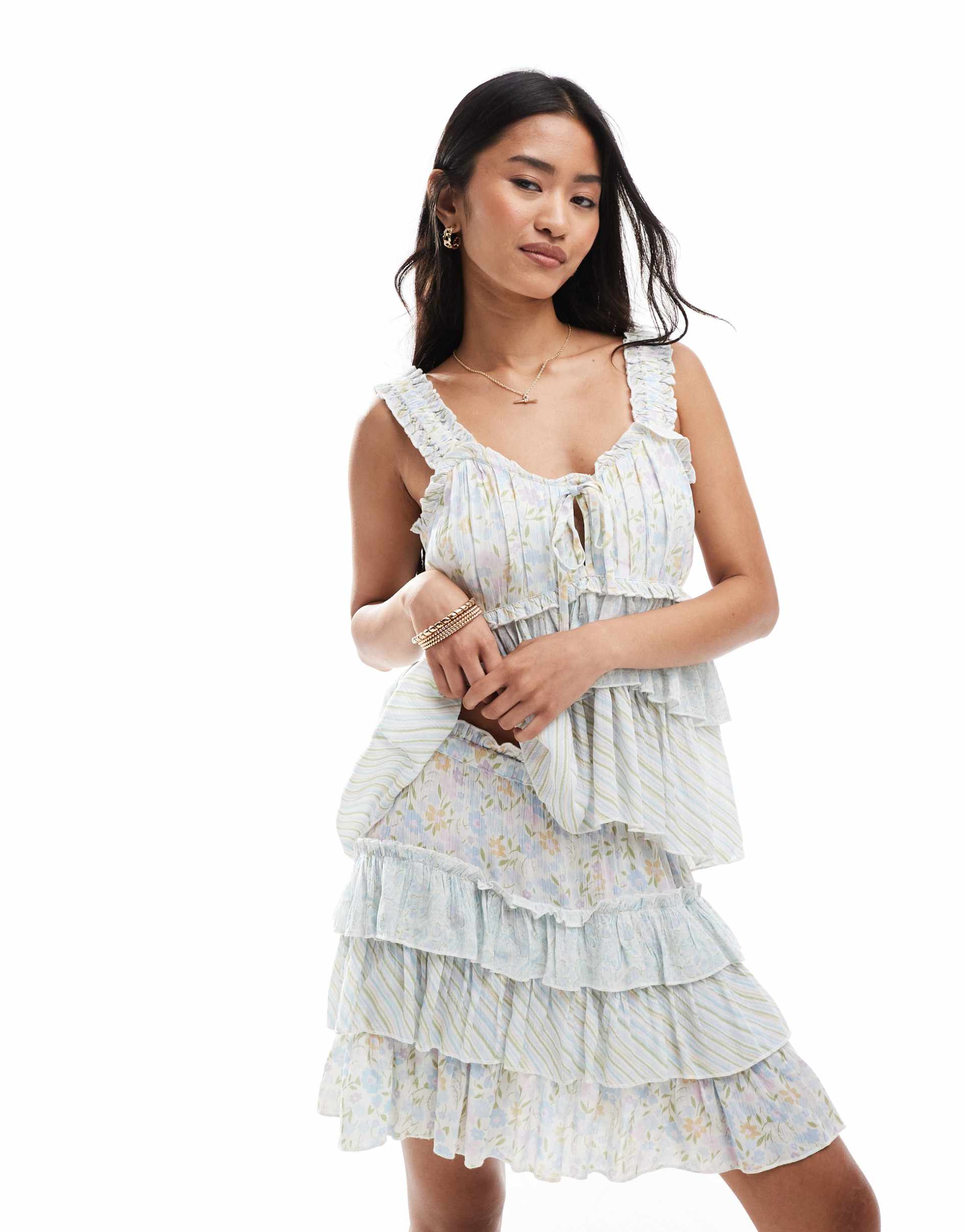 miss selfridge tiered mini skirt in blue ditsy print