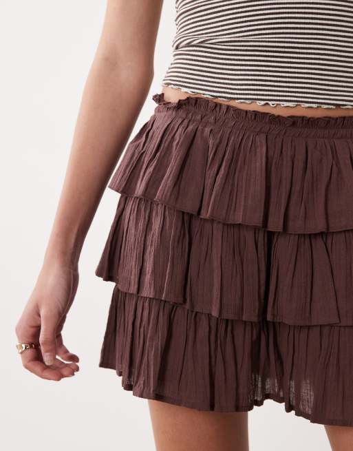 Miss Selfridge tiered mini skirt in chocolate, 4 of 5