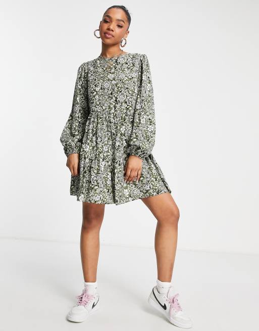 Miss Selfridge tiered mini smock dress in khaki heritage paisley print ...