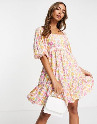 Miss Selfridge tiered mini smock dress in pink ditsy floral