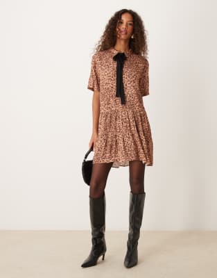 tiered mini tea dress in leopard print-Multi