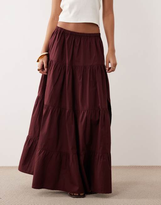 Miss Selfridge tiered poplin maxi skirt in chocolate, 2 of 5