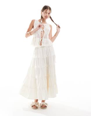 tiered ribbon trim insert prairie maxi skirt in cream-White