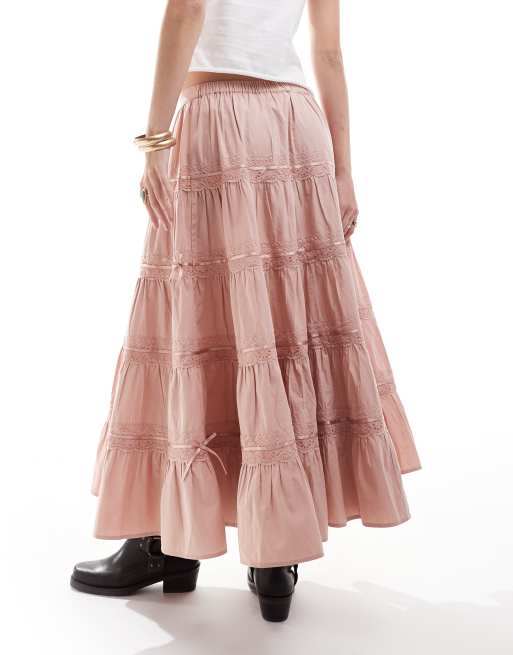 Miss Selfridge tiered ribbon trim insert prairie maxi skirt in pink, 2 of 5