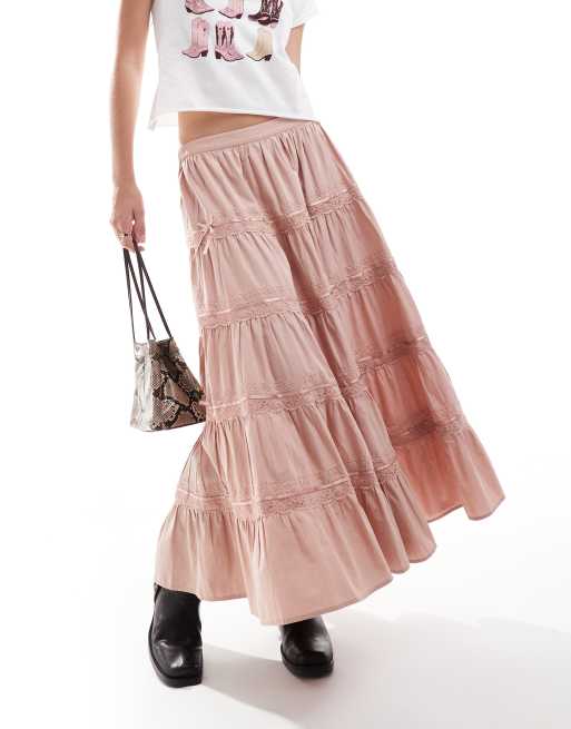 Miss Selfridge tiered ribbon trim insert prairie maxi skirt in