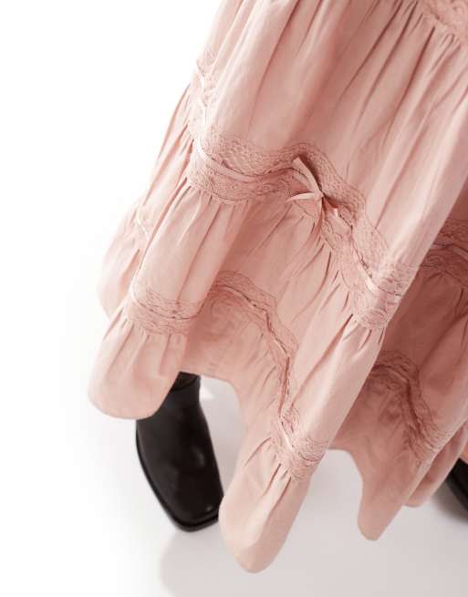 Miss Selfridge tiered ribbon trim insert prairie maxi skirt in pink, 5 of 5