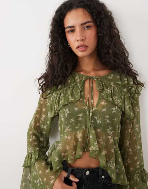 Miss Selfridge tiered ruffle blouse in green floral print - view 1
