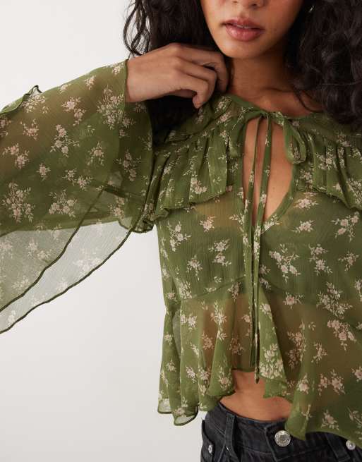 Miss Selfridge tiered ruffle blouse in green floral print, 4 of 4