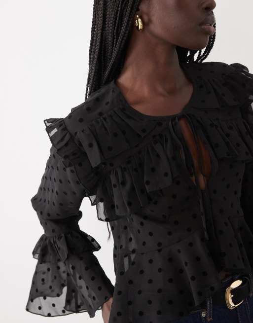 Miss Selfridge tiered ruffle blouse with velvet polka dot, 4 of 4