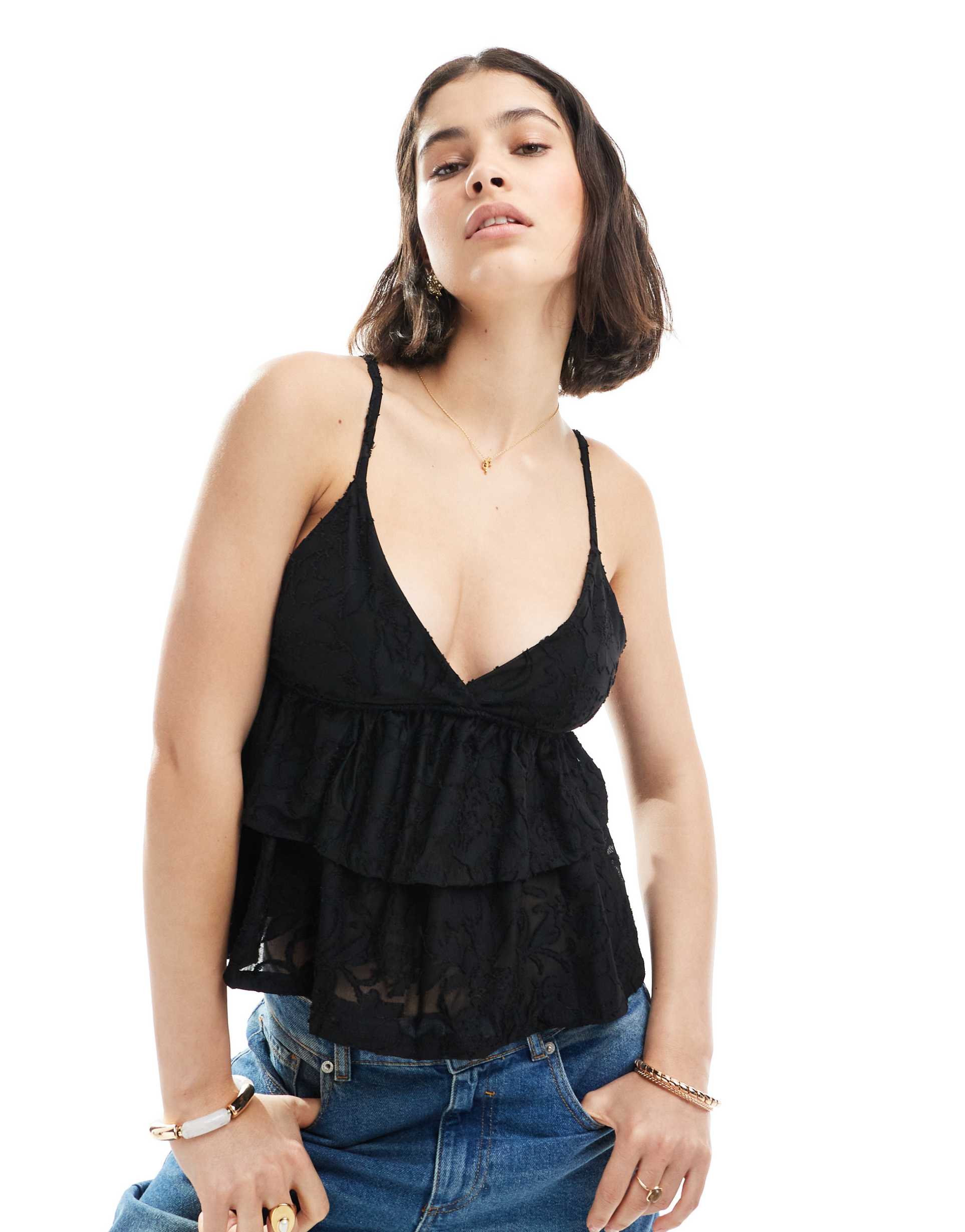 miss selfridge tiered ruffle lace cami top in black