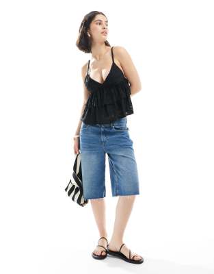 Miss Selfridge Tiered Ruffle Lace Cami Top In Black