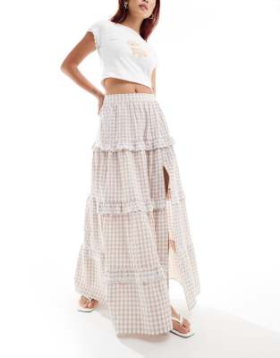 tiered ruffle maxi skirt in tan gingham-Multi