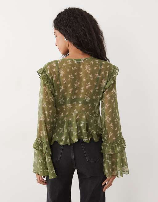 Miss Selfridge tiered ruffle trim blouse in green floral print, 3 of 4