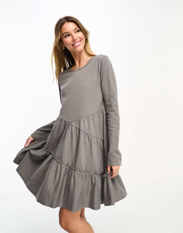 Miss Selfridge - tiered smock dress in grey slub