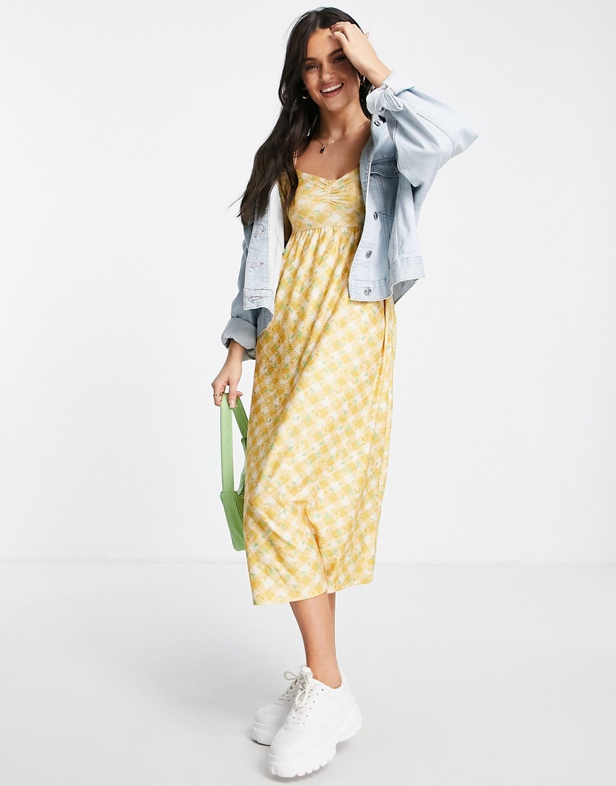 Miss Selfridge tiered smock midi dress in yellow gingham floral