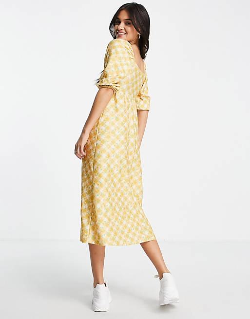 Dresses Miss Selfridge tiered smock midi dress in yellow gingham floral 