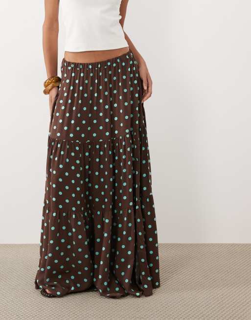 Miss Selfridge tiered spun maxi skirt in choc and aqua polka dot, 2 of 5