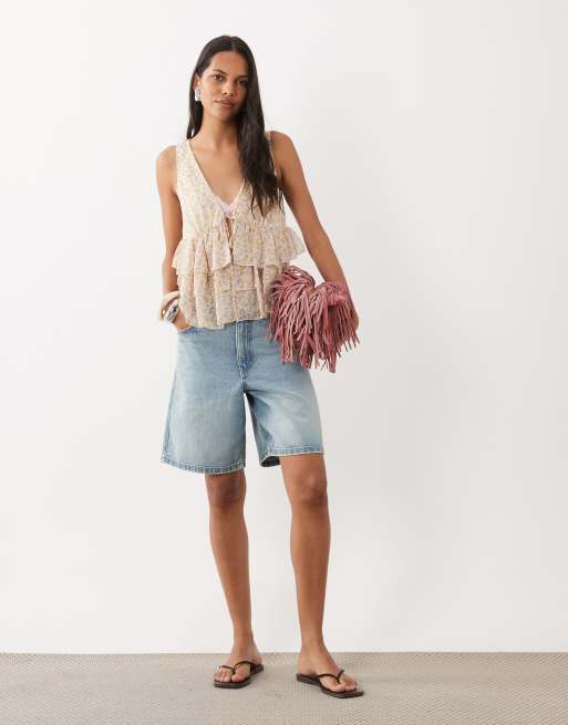Miss Selfridge tiered tie front top in ditsy print, 2 of 4