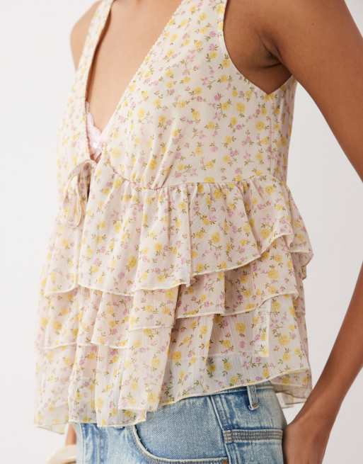 Miss Selfridge tiered tie front top in ditsy print, 3 of 4