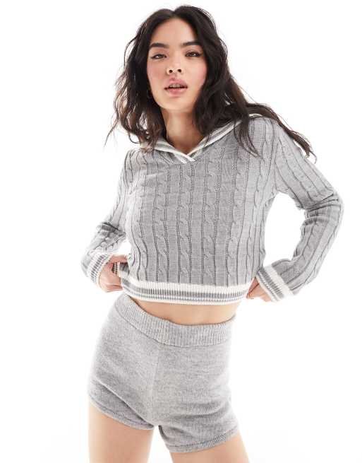 Miss Selfridge tipped cable sailor collar sweater in gray heather