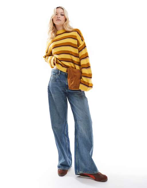 Miss Selfridge tonal ochre stripe oversized knit sweater