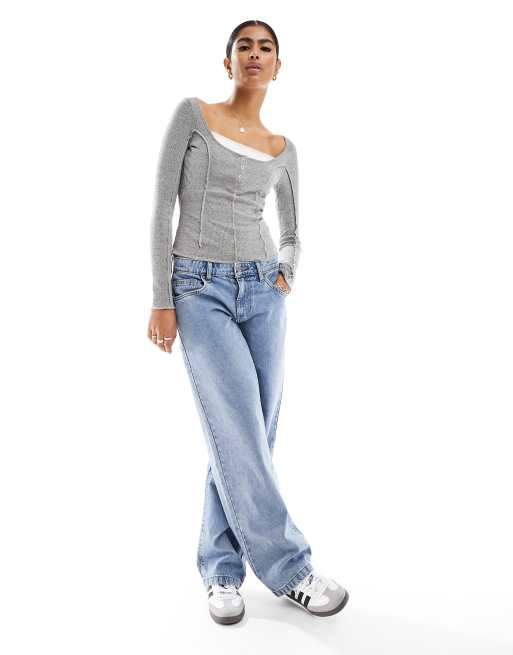 Miss Selfridge - Top 2 in 1 grigio mélange a coste con inserti in pizzo e bottoni a pressione, 3 di 4