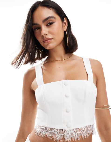 Miss Selfridge - Top a corsetto color avorio con finiture in pizzo in coordinato - view 1