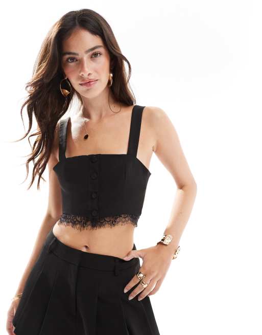 Miss Selfridge - Top a corsetto nero con finiture in pizzo in coordinato