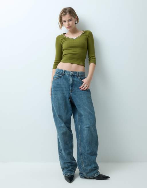 Miss Selfridge top a costine con scollo a V, maniche a 3/4, pizzo e bordino picot, 3 di 5
