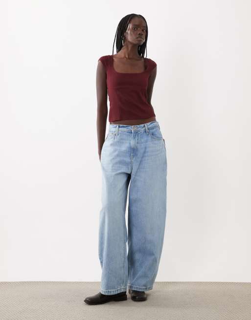Miss Selfridge top à encolure dégagée avec coutures corset et bordure picot en bordeaux, 2 de 4