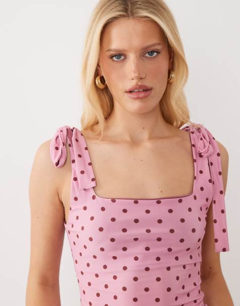 Miss Selfridge - Top à épaules nouées et motif à pois - Rose et marron - view 1