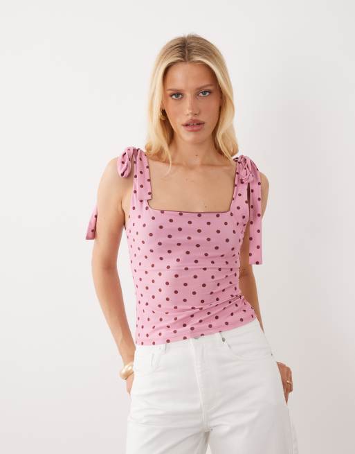 Miss Selfridge - Top à épaules nouées et motif à pois - Rose et marron, 3 de 4