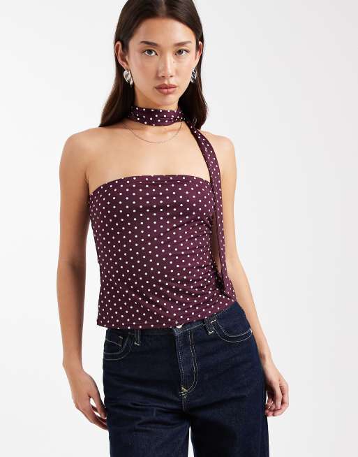 Miss Selfridge - Top a fascia color bordeaux a pois con foulard