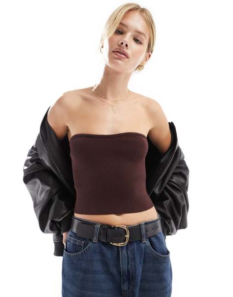 Miss Selfridge - Top a fascia color cioccolato in maglia compatta a coste - view 1