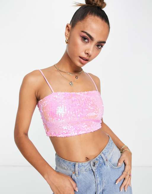 Miss Selfridge - Top a fascia con paillettes rosa