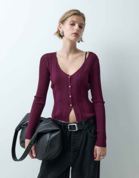 Miss Selfridge top a maglia fine a coste con bottoni dorati color bordeaux - view 1