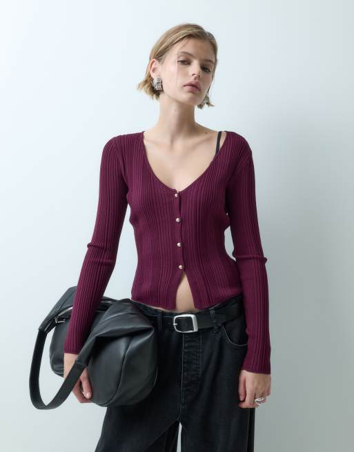 Miss Selfridge top a maglia fine a coste con bottoni dorati color bordeaux, 1 di 5