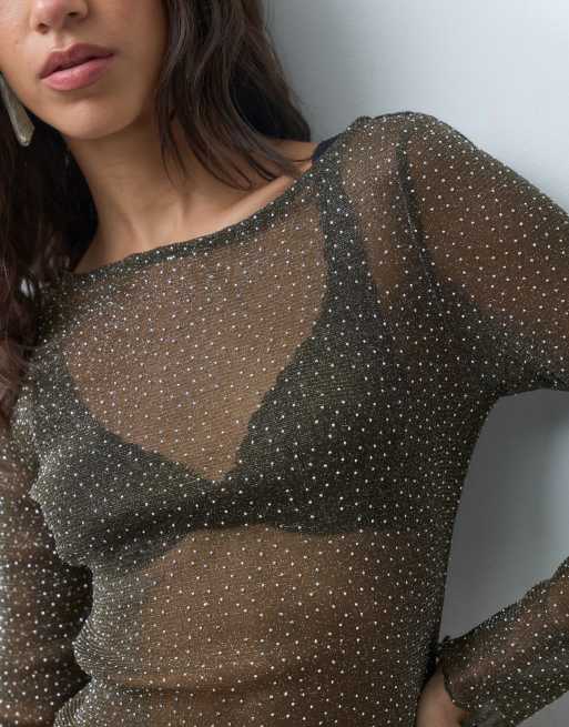 Miss Selfridge top à manches longues en mesh à strass thermocollés, olive, 4 de 5