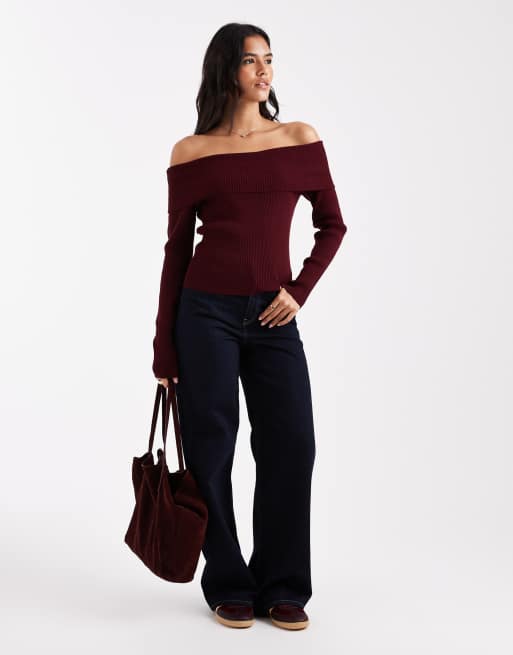 Miss Selfridge - Top à manches longues et encolure bardot en maille côtelée - Figue, 3 de 4