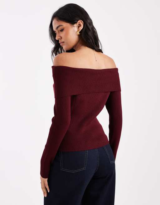Miss Selfridge - Top à manches longues et encolure bardot en maille côtelée - Figue, 4 de 4