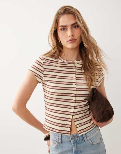 Miss Selfridge - Top a maniche corte a righe con bottoni - view 1