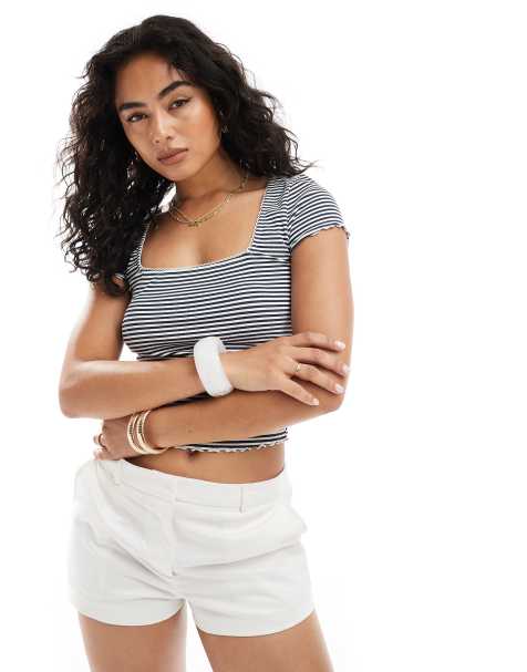 Miss Selfridge - Top a maniche corte a righe e a coste con finiture in pizzo - view 1