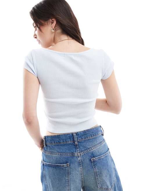 Miss Selfridge - Top a maniche corte blu fiordaliso con finiture in pizzo e bottoni, 4 di 4